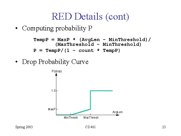 RED Details (cont) • Computing probability P Temp. P = Max. P * (Avg.