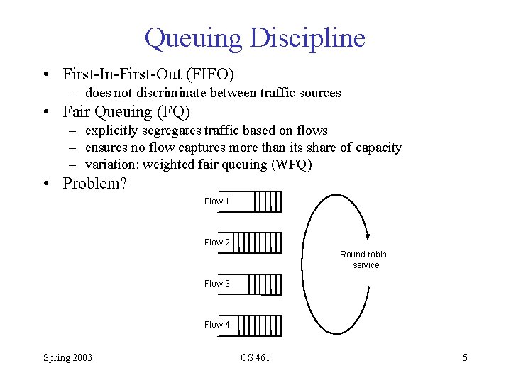 Queuing Discipline • First-In-First-Out (FIFO) – does not discriminate between traffic sources • Fair