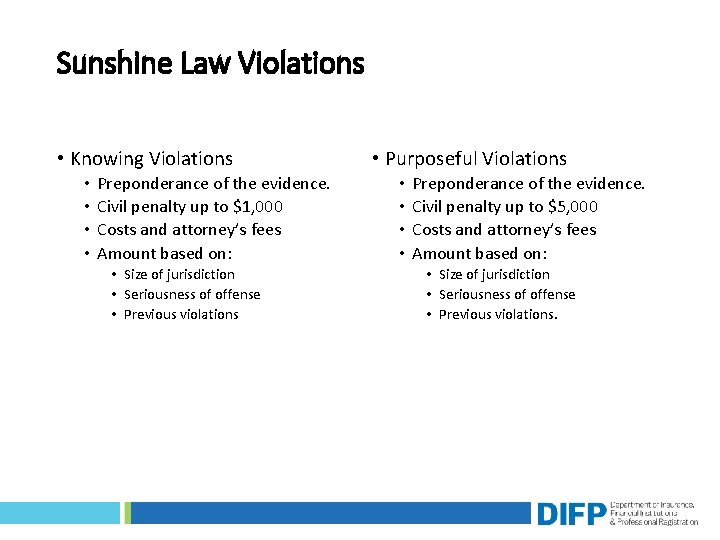 Sunshine Law Violations • Knowing Violations • • Preponderance of the evidence. Civil penalty