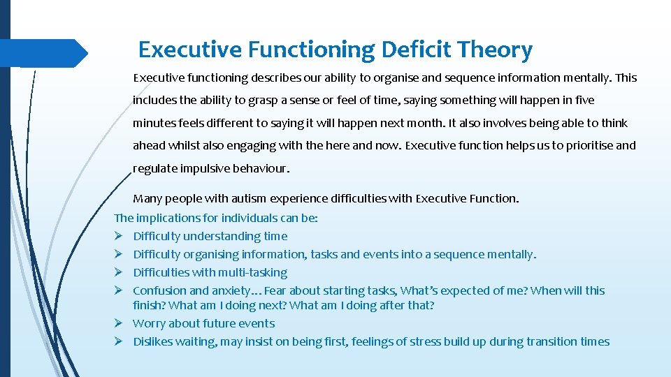 Executive Functioning Deficit Theory Executive functioning describes our ability to organise and sequence information