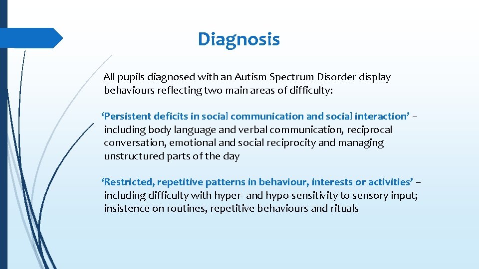 Diagnosis All pupils diagnosed with an Autism Spectrum Disorder display behaviours reflecting two main