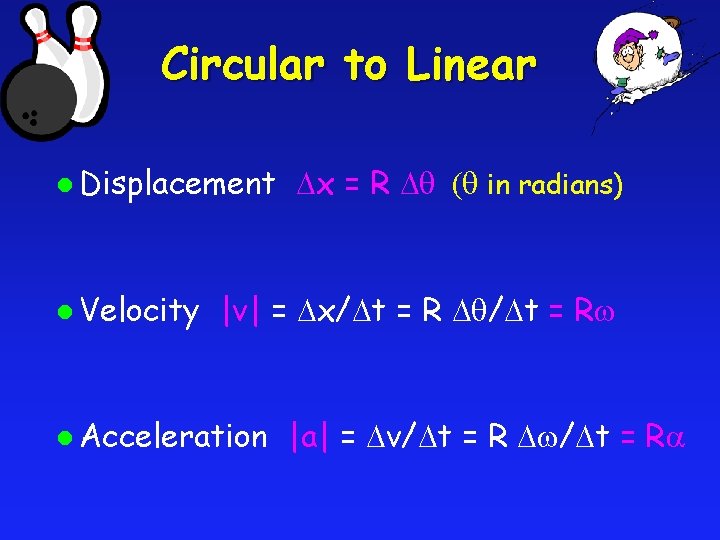 Circular to Linear l Displacement l Velocity Dx = R D ( in radians)