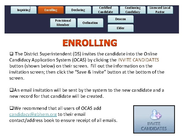 Inquiring Enrolling Provisional Member Declaring . Ordination Certified Candidate Continuing Candidacy Licensed Local Pastor