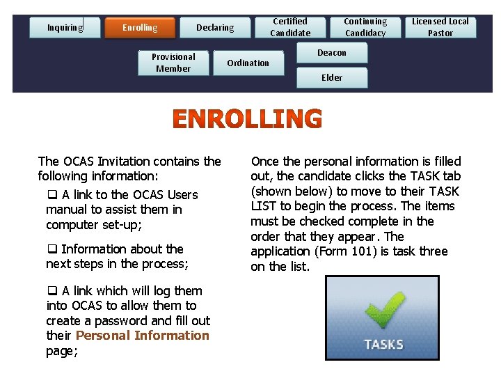 Inquiring Enrolling Declaring Provisional Member The OCAS Invitation contains the following information: q A