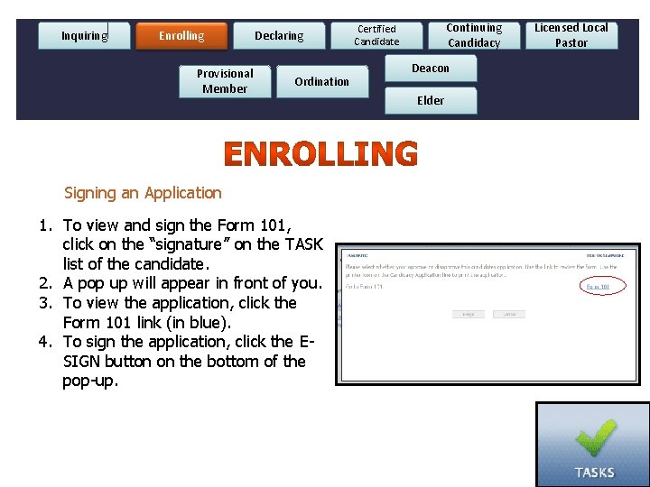 Inquiring Enrolling Provisional Member Declaring . Ordination Signing an Application 1. To view and