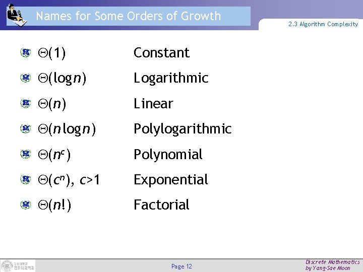 Names for Some Orders of Growth (1) Constant (log n) Logarithmic (n) Linear (n