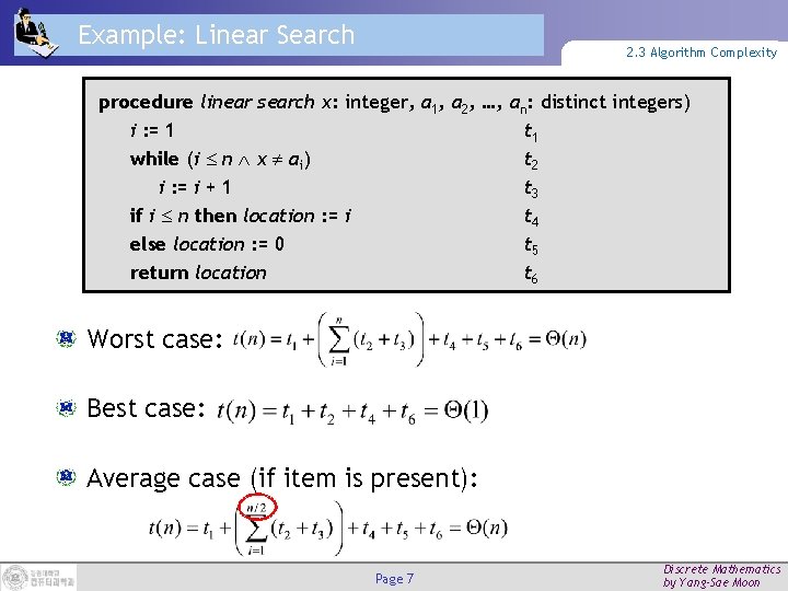 Example: Linear Search 2. 3 Algorithm Complexity procedure linear search x: integer, a 1,