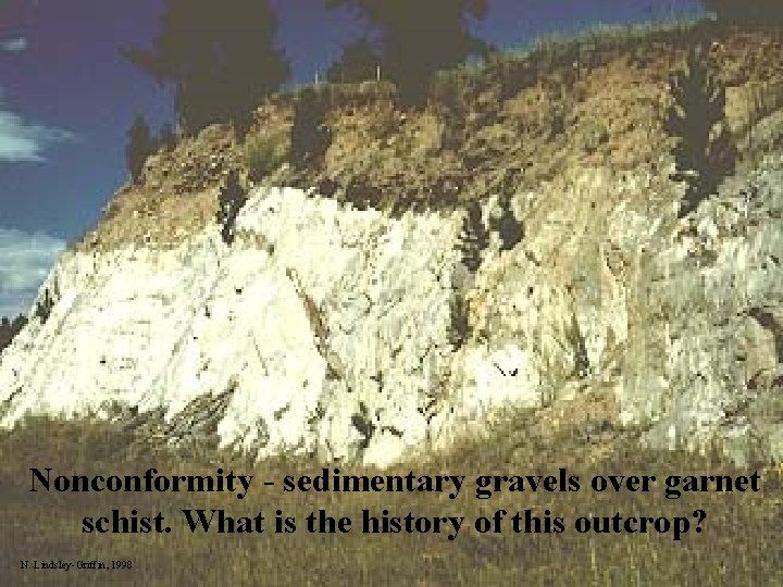 Nonconformity - sedimentary gravels over garnet schist. What is the history of this outcrop?