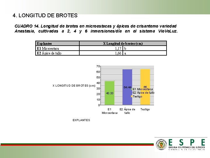 4. LONGITUD DE BROTES CUADRO 14. Longitud de brotes en microestacas y ápices de