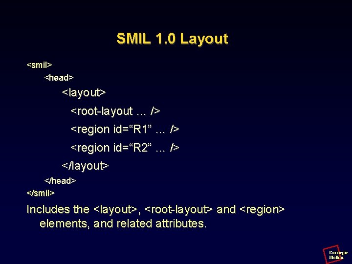 SMIL 1. 0 Layout <smil> <head> <layout> <root-layout … /> <region id=“R 1” …