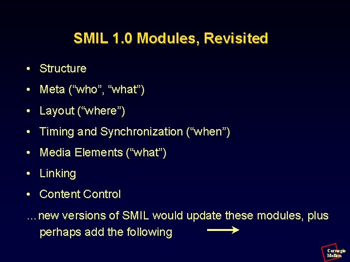SMIL 1. 0 Modules, Revisited • Structure • Meta (“who”, “what”) • Layout (“where”)