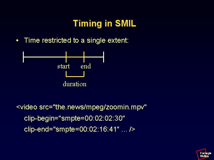 Timing in SMIL • Time restricted to a single extent: start end duration <video