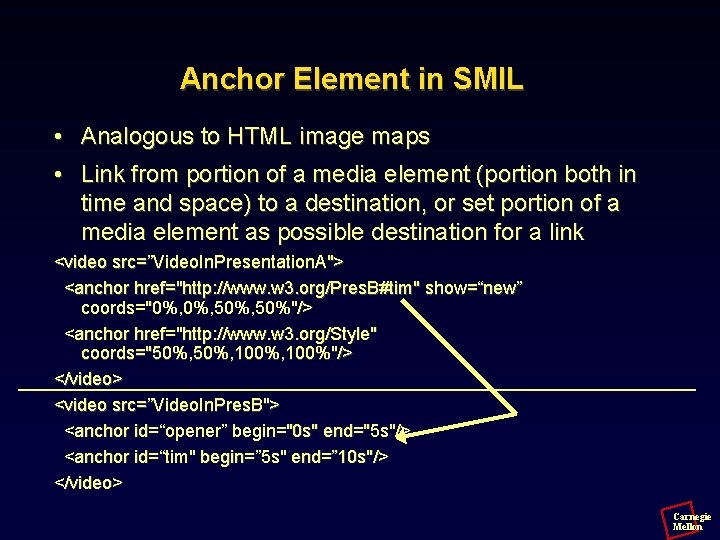 Anchor Element in SMIL • Analogous to HTML image maps • Link from portion