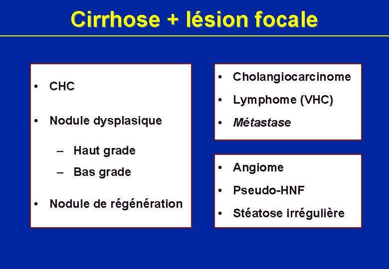 Cirrhose + lésion focale • CHC • Nodule dysplasique • Cholangiocarcinome • Lymphome (VHC)