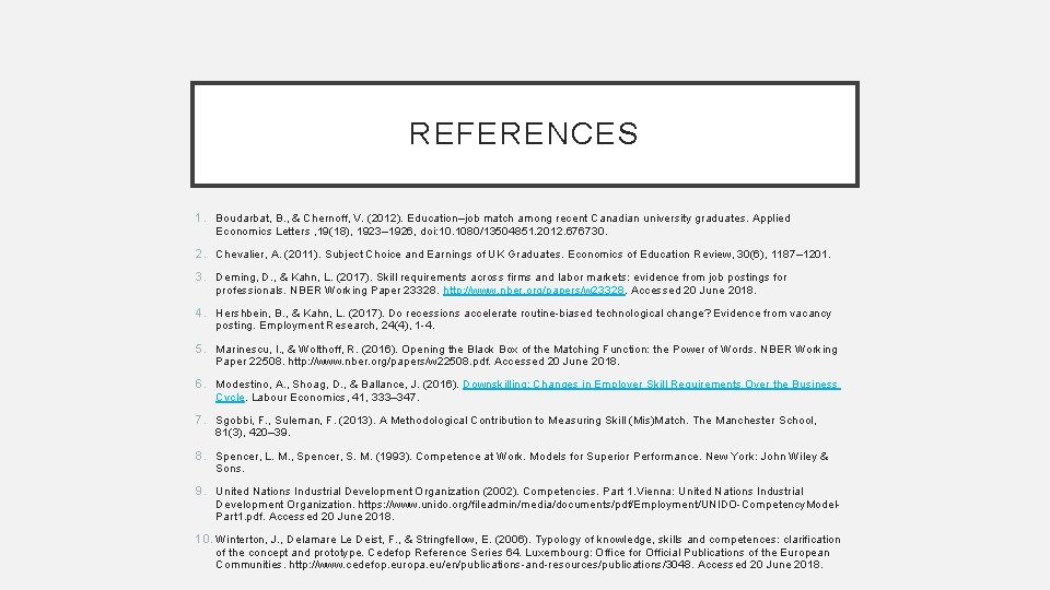 REFERENCES 1. Boudarbat, B. , & Chernoff, V. (2012). Education–job match among recent Canadian