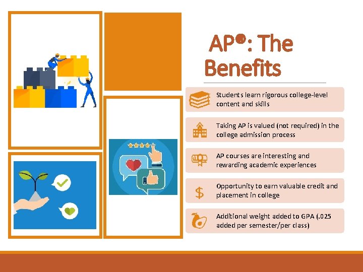 AP®: The Benefits Students learn rigorous college-level content and skills Taking AP is valued