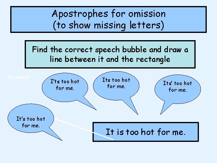 Apostrophes for omission (to show missing letters) Find the correct speech bubble and draw
