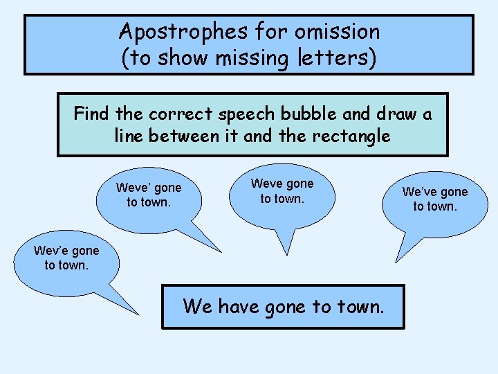 Apostrophes for omission (to show missing letters) Find the correct speech bubble and draw