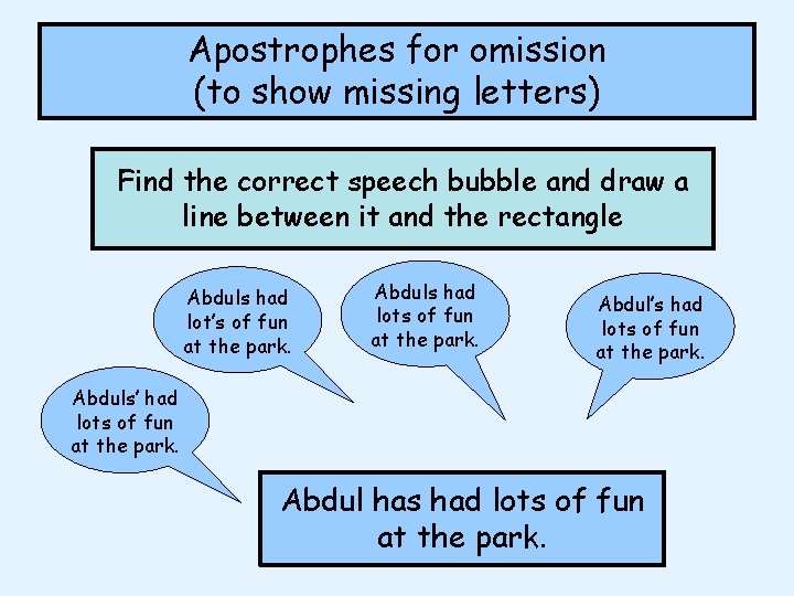 Apostrophes for omission (to show missing letters) Find the correct speech bubble and draw