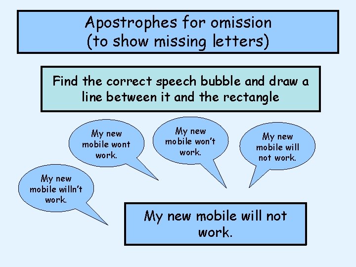 Apostrophes for omission (to show missing letters) Find the correct speech bubble and draw