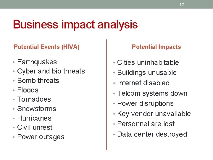 17 Business impact analysis Potential Events (HIVA) Potential Impacts • Earthquakes • Cities uninhabitable