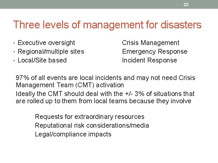 22 Three levels of management for disasters • Executive oversight • Regional/multiple sites •