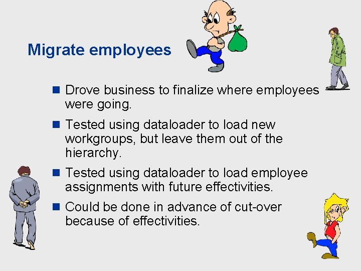 Migrate employees n Drove business to finalize where employees were going. n Tested using