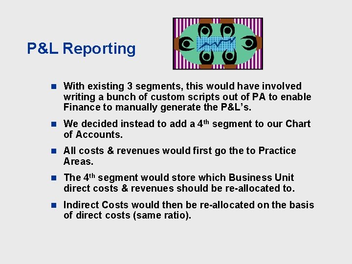 P&L Reporting n With existing 3 segments, this would have involved writing a bunch