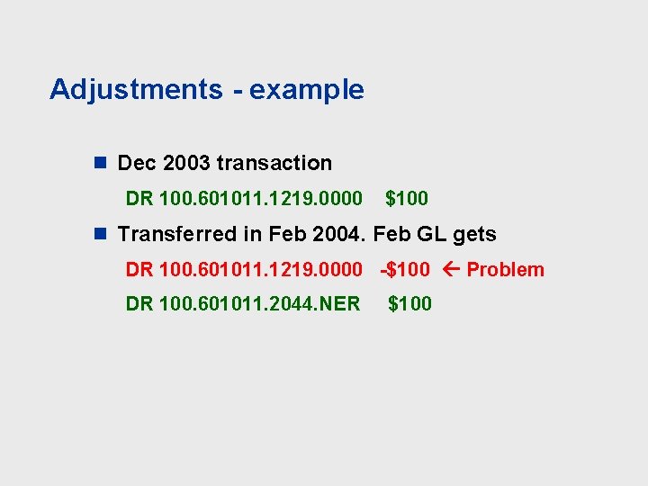 Adjustments - example n Dec 2003 transaction DR 100. 601011. 1219. 0000 $100 n