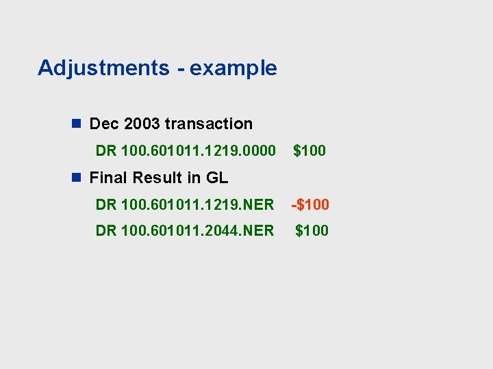 Adjustments - example n Dec 2003 transaction DR 100. 601011. 1219. 0000 $100 n