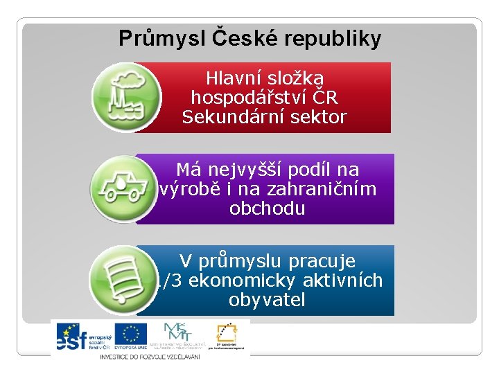 Průmysl České republiky Hlavní složka hospodářství ČR Sekundární sektor Má nejvyšší podíl na výrobě