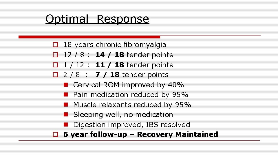 Optimal Response 18 years chronic fibromyalgia 12 / 8 : 14 / 18 tender