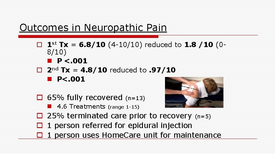 Outcomes in Neuropathic Pain o 1 st Tx = 6. 8/10 (4 -10/10) reduced