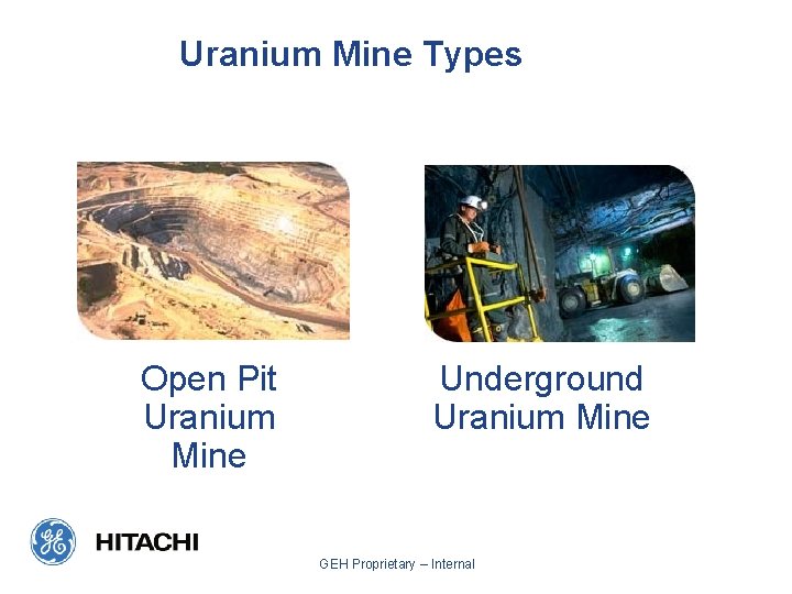 Uranium Mine Types Open Pit Uranium Mine Underground Uranium Mine GEH Proprietary – Internal