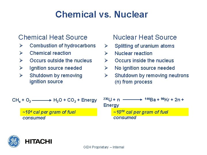 Chemical vs. Nuclear Chemical Heat Source Ø Ø Ø Combustion of hydrocarbons Chemical reaction