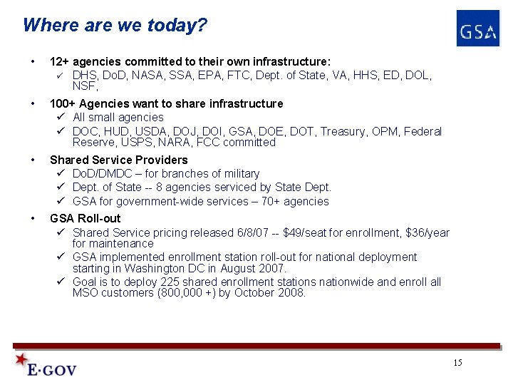 Where are we today? • 12+ agencies committed to their own infrastructure: ü DHS, Where are we today? • 12+ agencies committed to their own infrastructure: ü DHS,