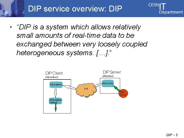 DIP service overview: DIP • “DIP is a system which allows relatively small amounts