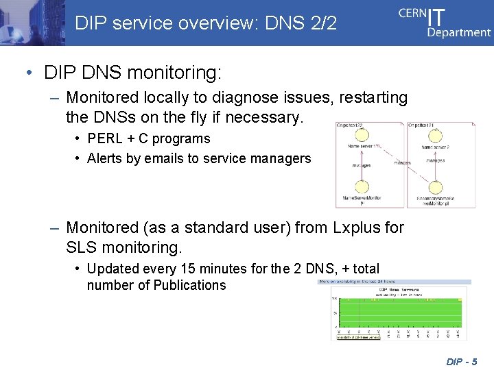 DIP service overview: DNS 2/2 • DIP DNS monitoring: – Monitored locally to diagnose