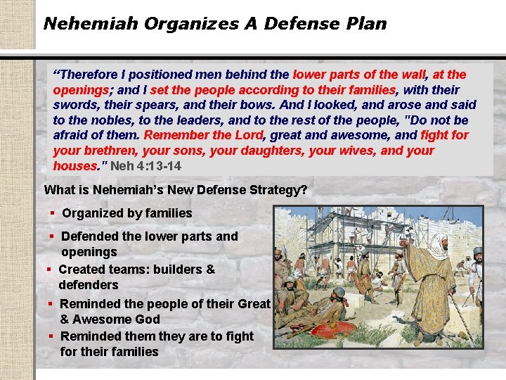 Nehemiah Organizes A Defense Plan “Therefore I positioned men behind the lower parts of