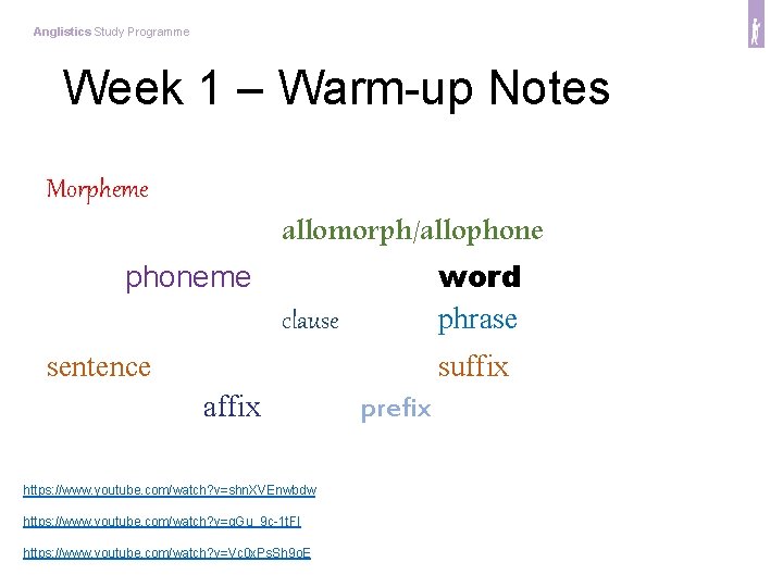 Anglistics Study Programme Week 1 – Warm-up Notes Morpheme allomorph/allophoneme word clause phrase sentence