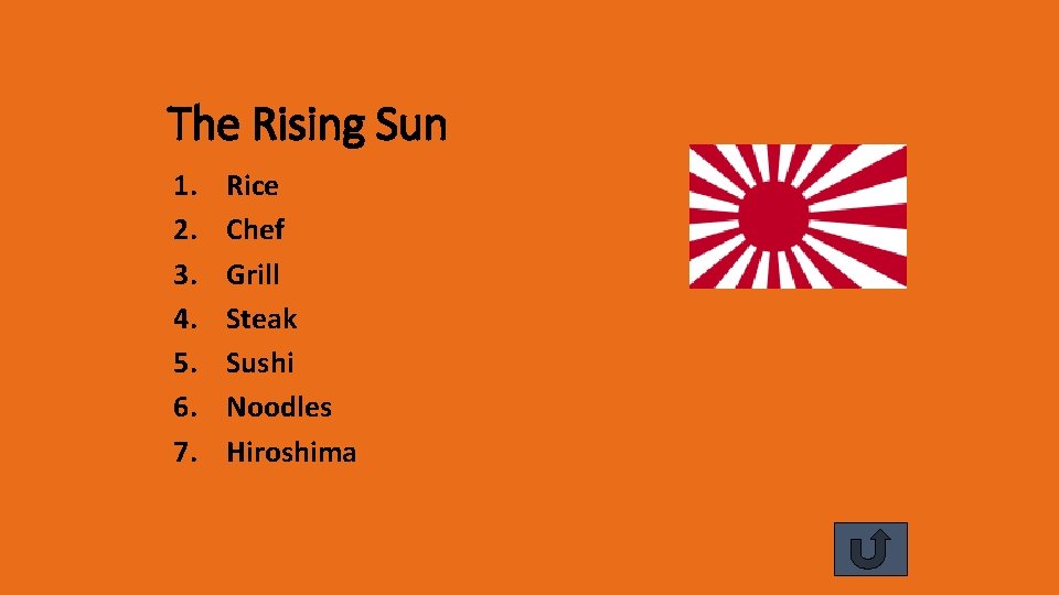 The Rising Sun 1. 2. 3. 4. 5. 6. 7. Rice Chef Grill Steak
