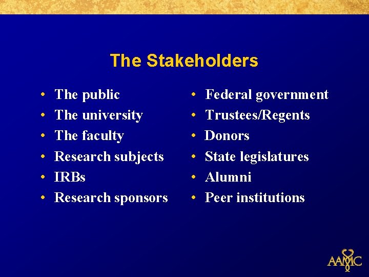 The Stakeholders • • • The public The university The faculty Research subjects IRBs