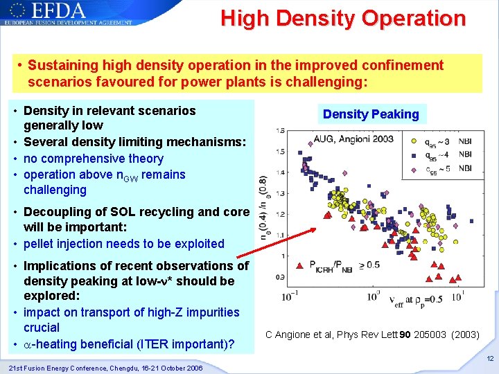 High Density Operation • Sustaining high density operation in the improved confinement scenarios favoured