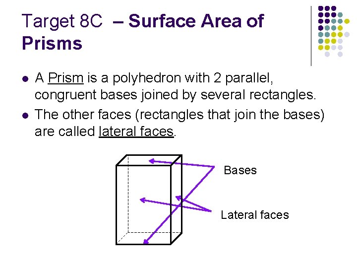 Target 8 C – Surface Area of Prisms l l A Prism is a