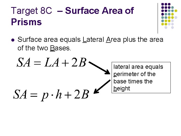 Target 8 C – Surface Area of Prisms l Surface area equals Lateral Area