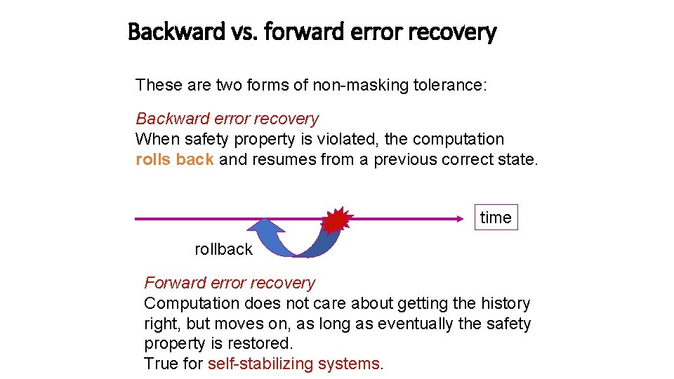Backward vs. forward error recovery These are two forms of non-masking tolerance: Backward error