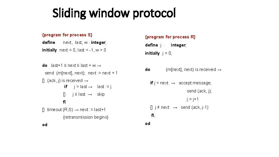 Sliding window protocol {program for process S} define {program for process R} next, last,