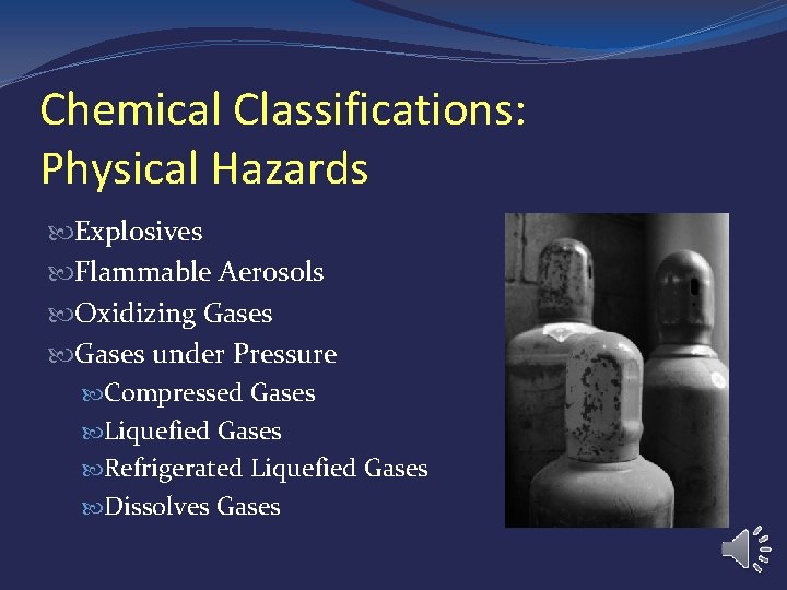 Chemical Classifications: Physical Hazards Explosives Flammable Aerosols Oxidizing Gases under Pressure Compressed Gases Liquefied Chemical Classifications: Physical Hazards Explosives Flammable Aerosols Oxidizing Gases under Pressure Compressed Gases Liquefied