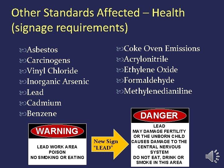 Other Standards Affected – Health (signage requirements) Asbestos Carcinogens Vinyl Chloride Inorganic Arsenic Lead Other Standards Affected – Health (signage requirements) Asbestos Carcinogens Vinyl Chloride Inorganic Arsenic Lead