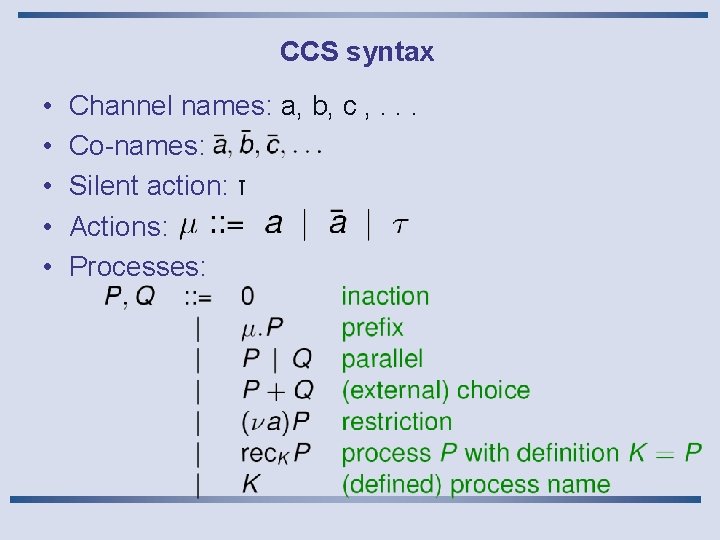 CCS syntax • • • Channel names: a, b, c , . . . CCS syntax • • • Channel names: a, b, c , . . .